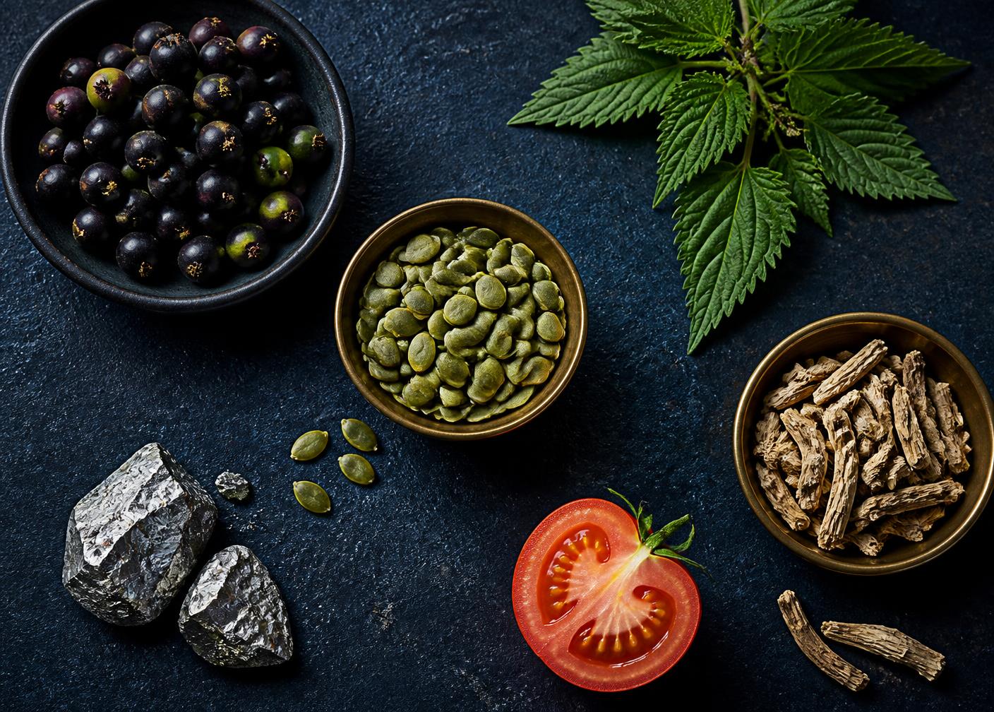 Saw palmetto berries, pine beta-sitosterol, chelated zinc and lycopene