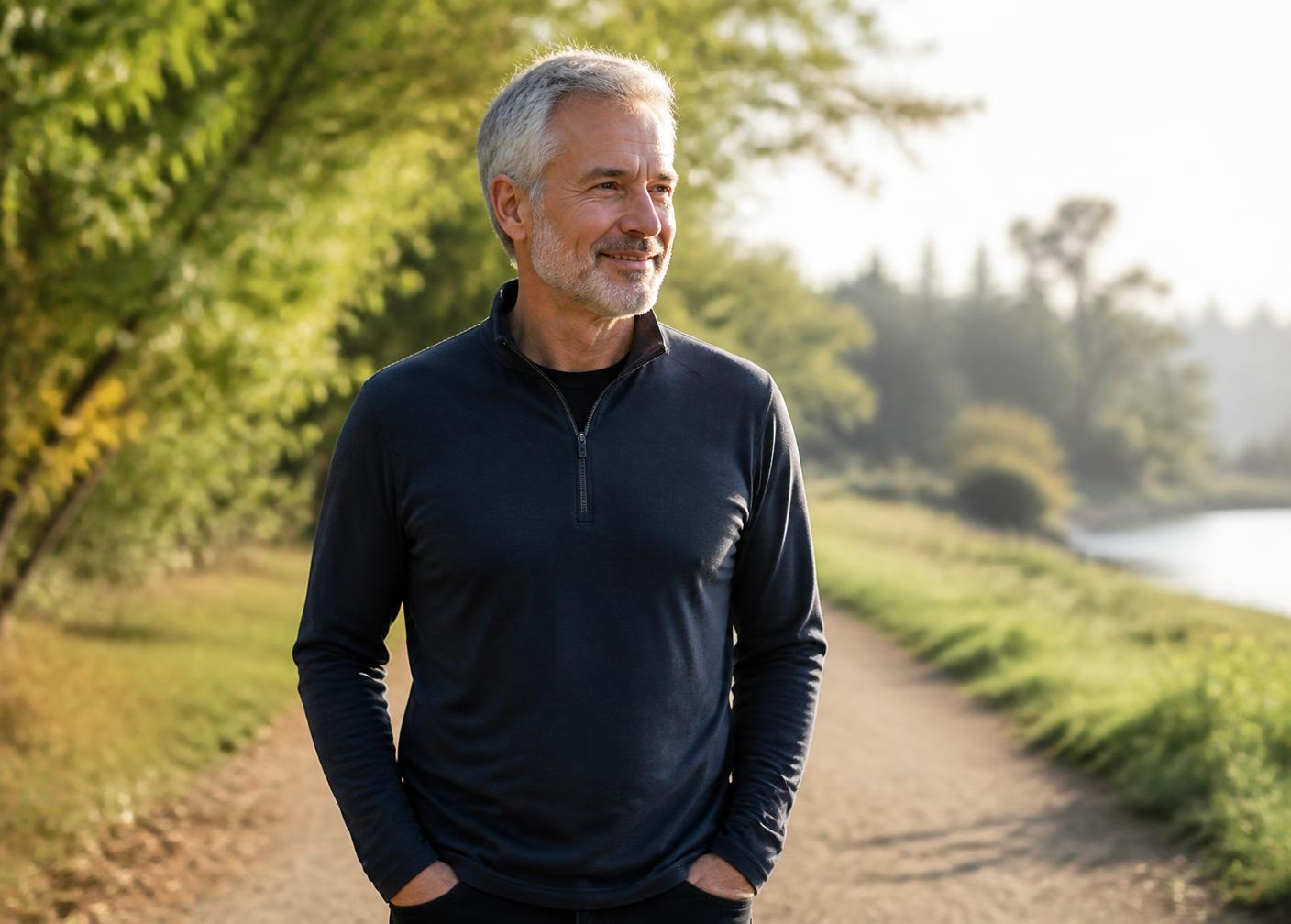 Man in his sixties laughing outdoors in morning light